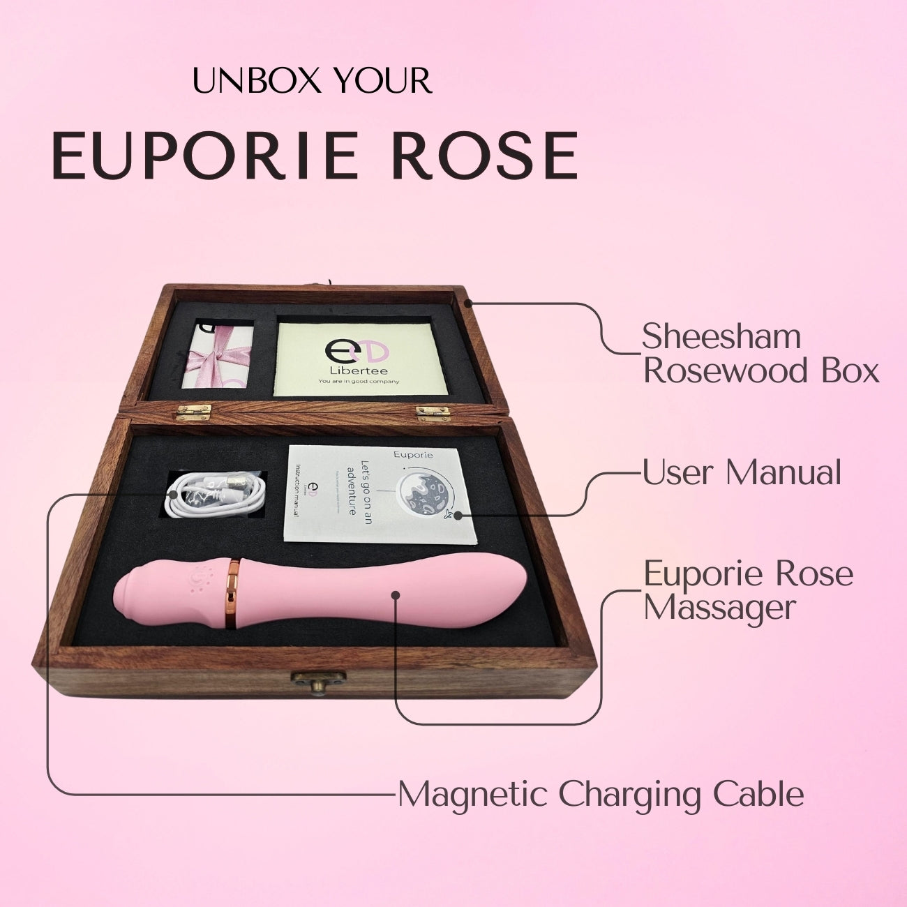 Unboxing Euporie Rose massager by Libertee with a magnetic charging cable and a premium packaging.