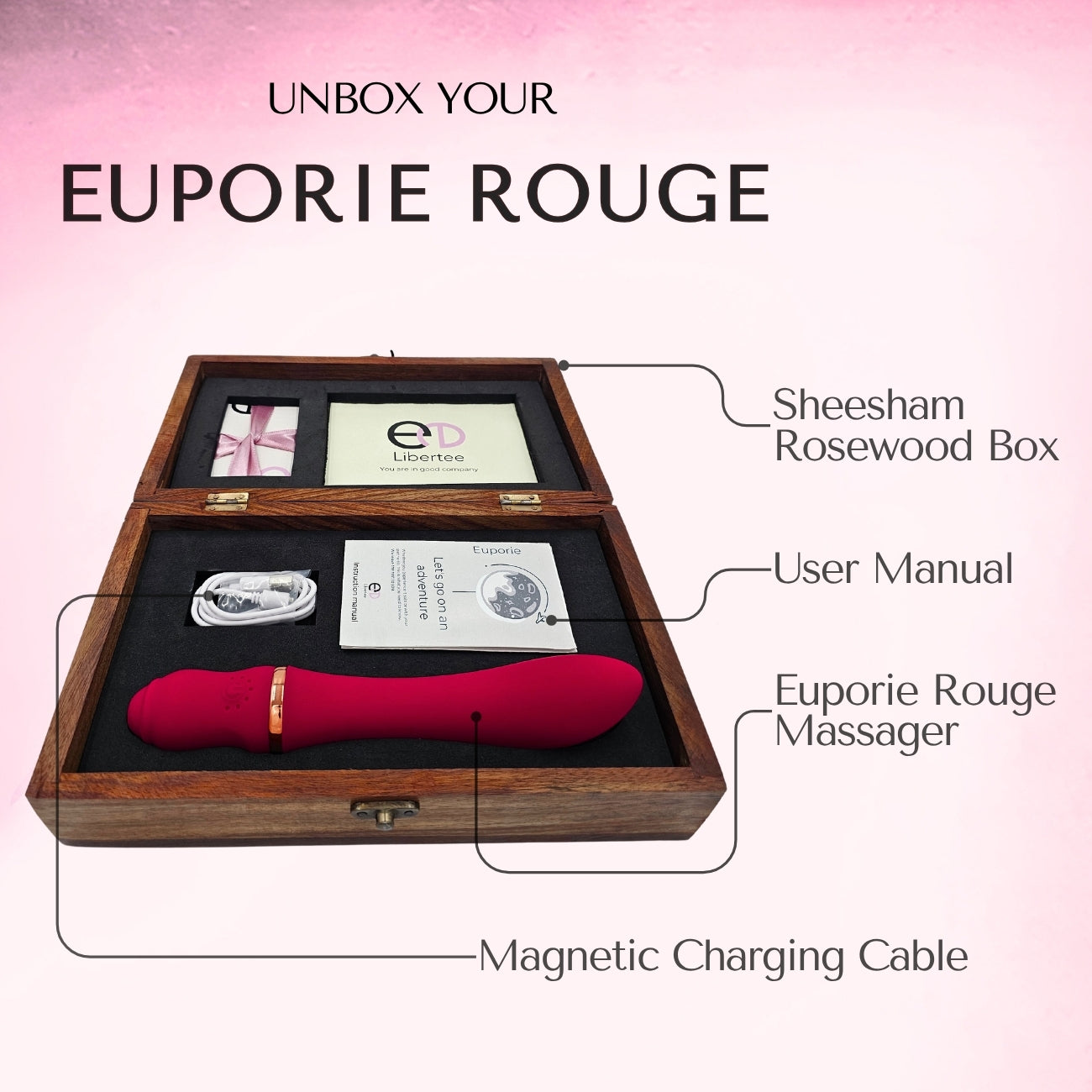 Euporie Rouge is a body massager that comes in a premium wood box made in India.