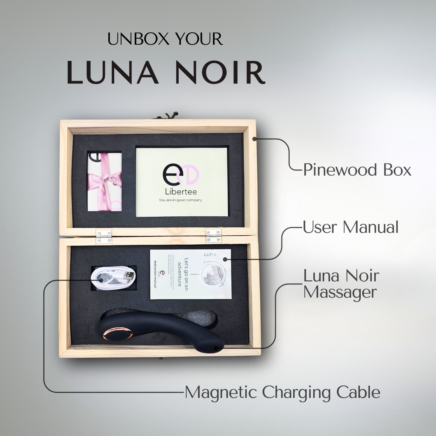 Luna Noir is a premium massager packed in a pinewood box made in India.