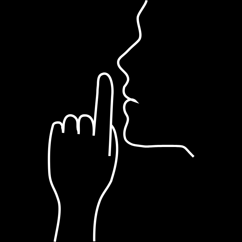 Outline of a hand making an 'shh' gesture with a black background, to symbolize the fact that Libertee's personal massagers are discreet and quiet.