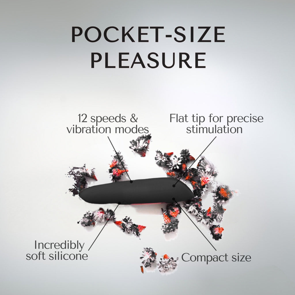 Pocket-size bullet massager Dia Mini Noir with features highlighted on a gray background.