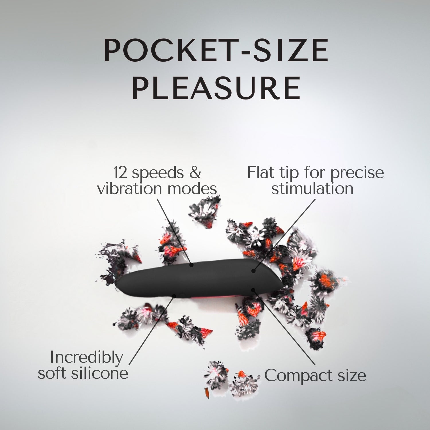 Pocket-size bullet massager Dia Mini Noir with features highlighted on a gray background.