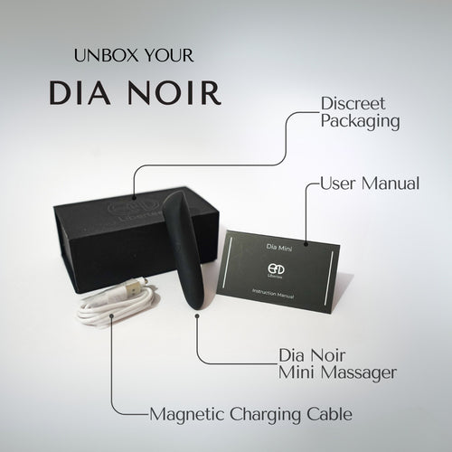 Dia Noir mini massager with packaging, user manual, and magnetic charging cable on a light gray background.