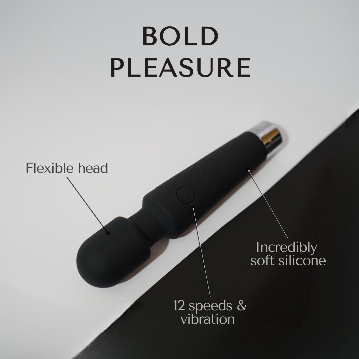 Black silicone electronic device with features labeled on a white and black background