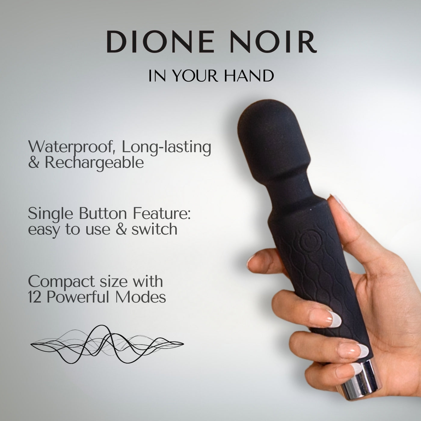 Black handheld device held in a hand with explanatory text on features on a light gray background