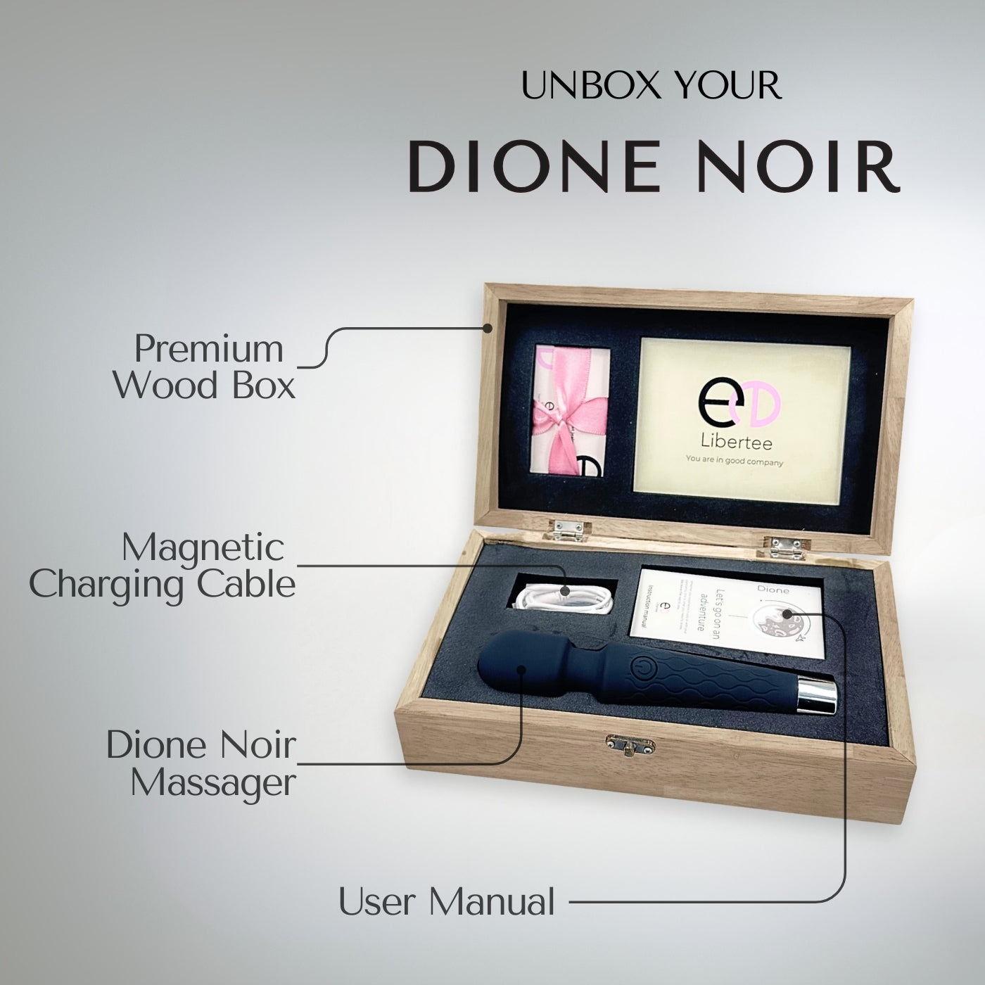 Dione Noir massager set with wooden box, charging cable, and user manual on a light gray background.