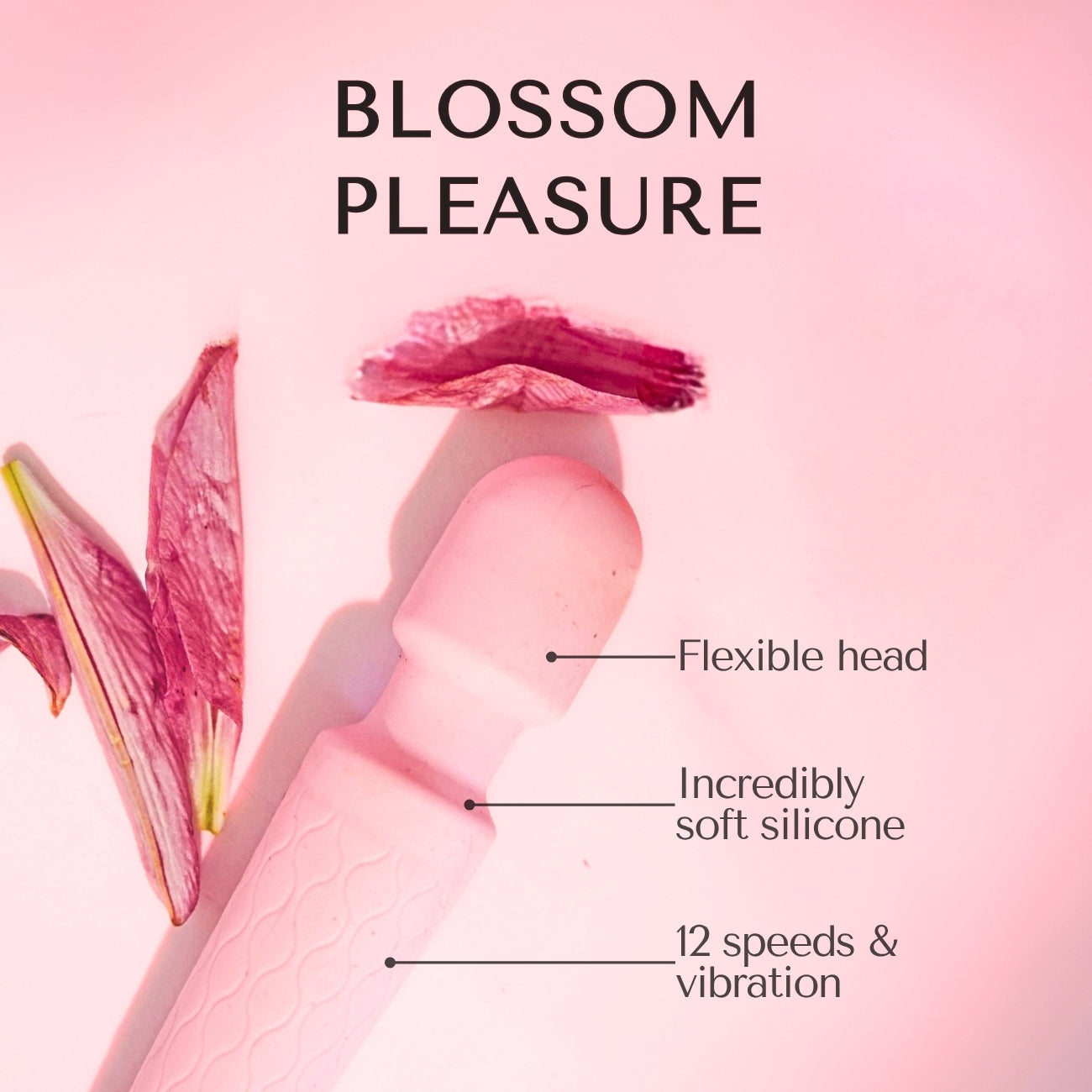 Product with 'Blossom Pleasure' branding on a pink background, featuring premium wellness with text about features like flexible head and 12 speeds.