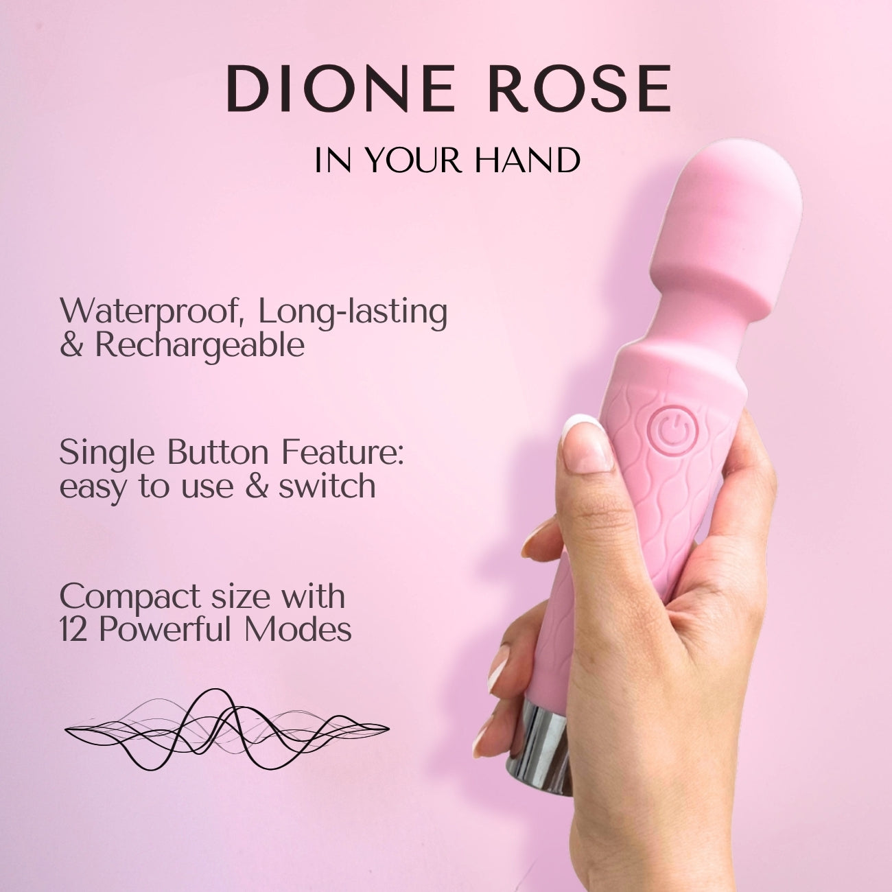 Pink handheld electronic device held in a hand with explanatory text on a pink background, featuring the characteristics of Dione Rose massager.