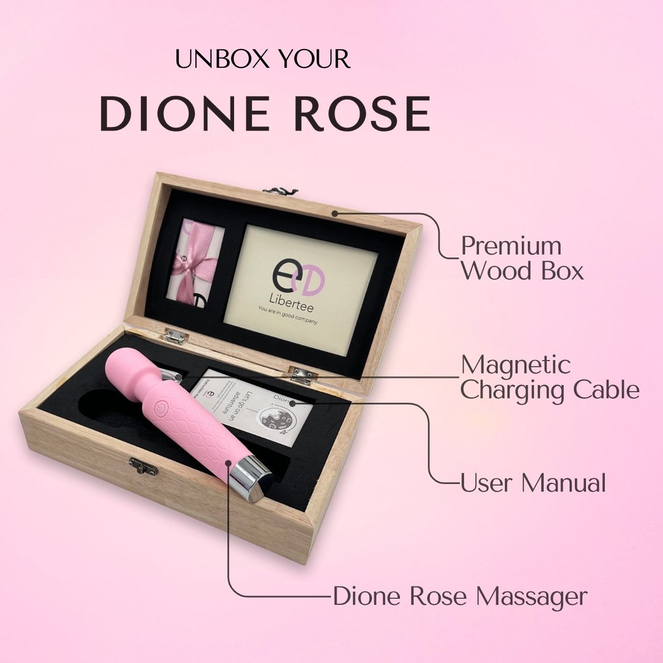 Dione Rose massager in a wooden box with product details on a pink background