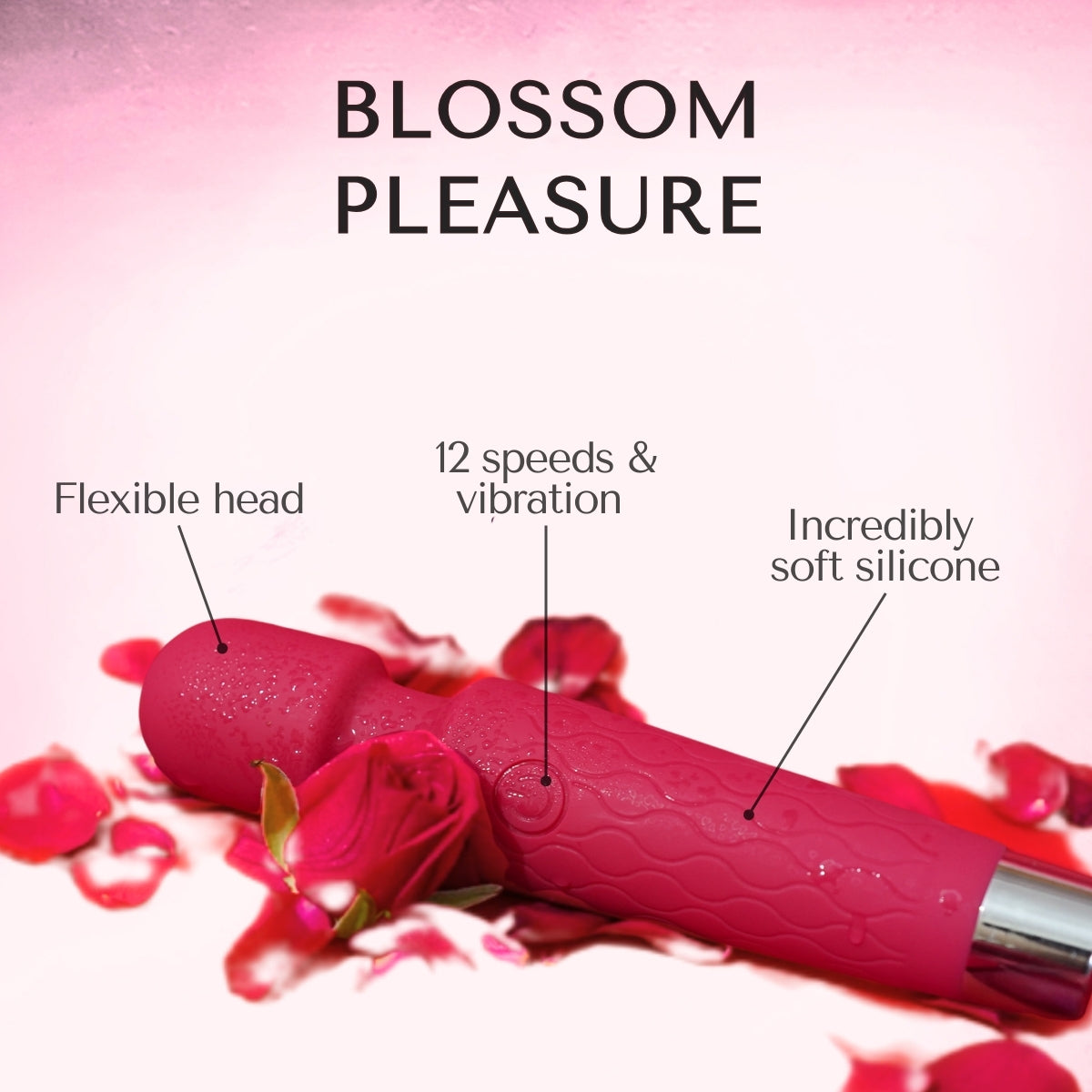 Rich red wand massager with text highlighting features on a pink background