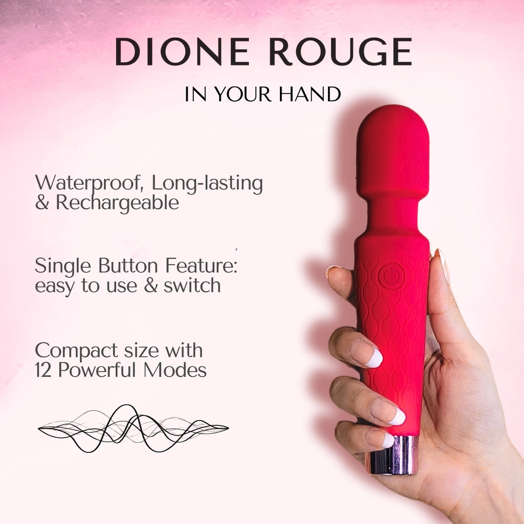 Red Dione Rouge electronic wellness device held in a hand with product features listed on a pink background