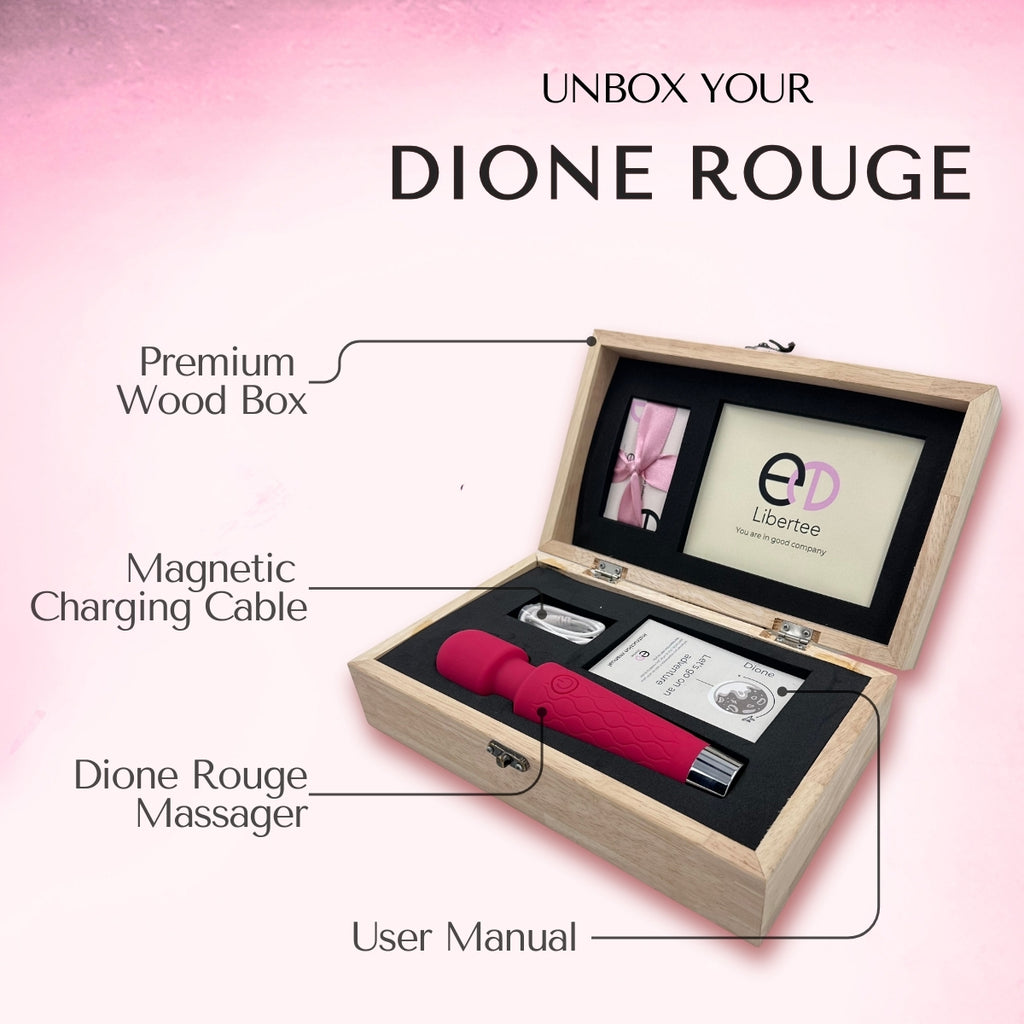 Dione Rouge massager set with wooden box on a pink background
