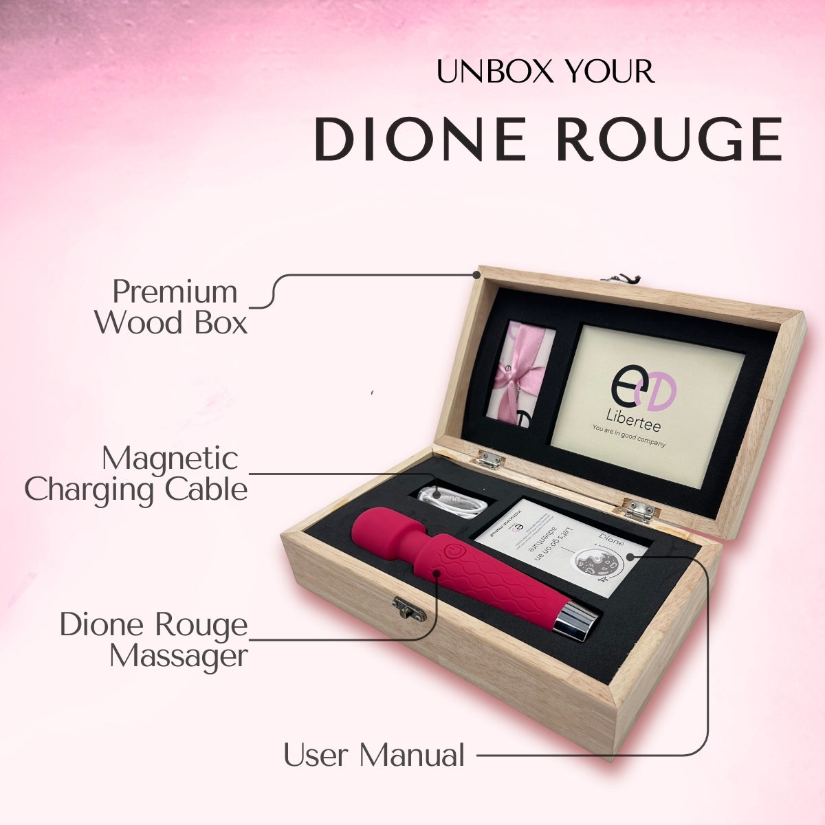 Dione Rouge massager set with wooden box on a pink background