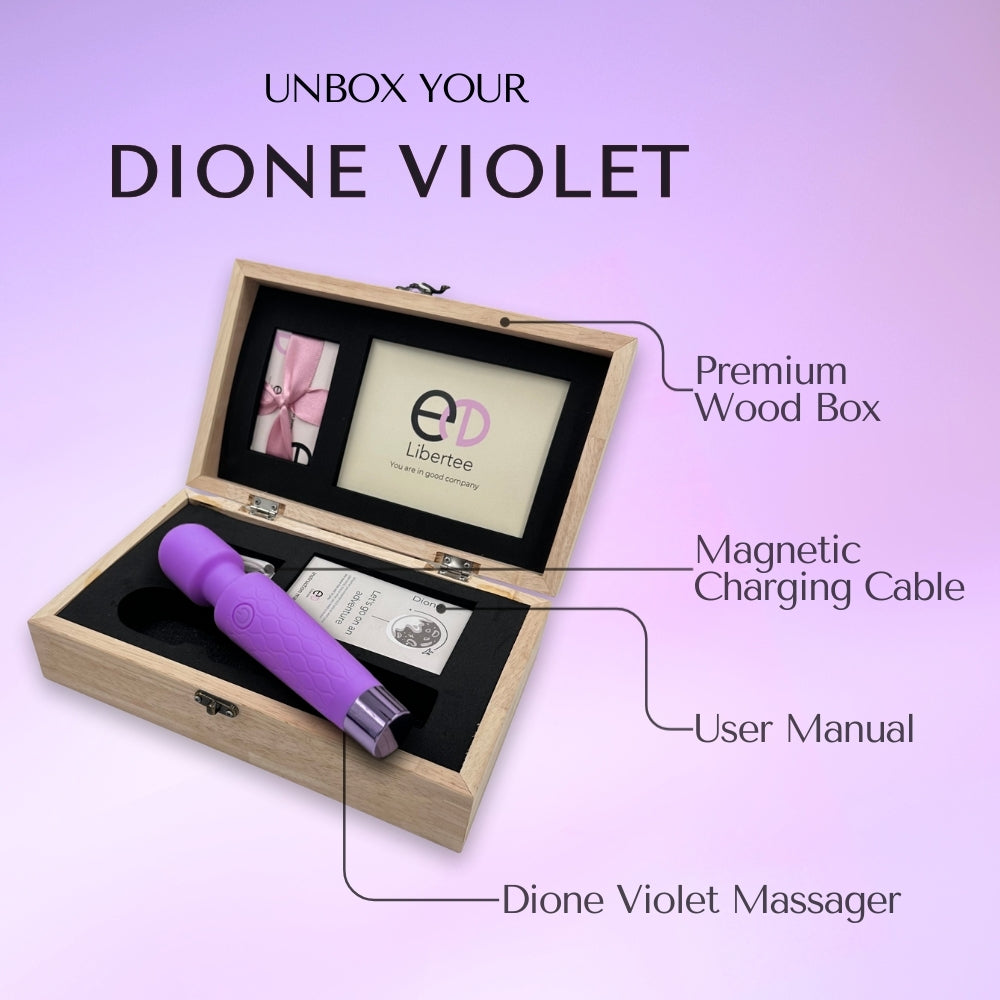 Dione Violet massager in a wooden box with packaging and accessories on a purple background.