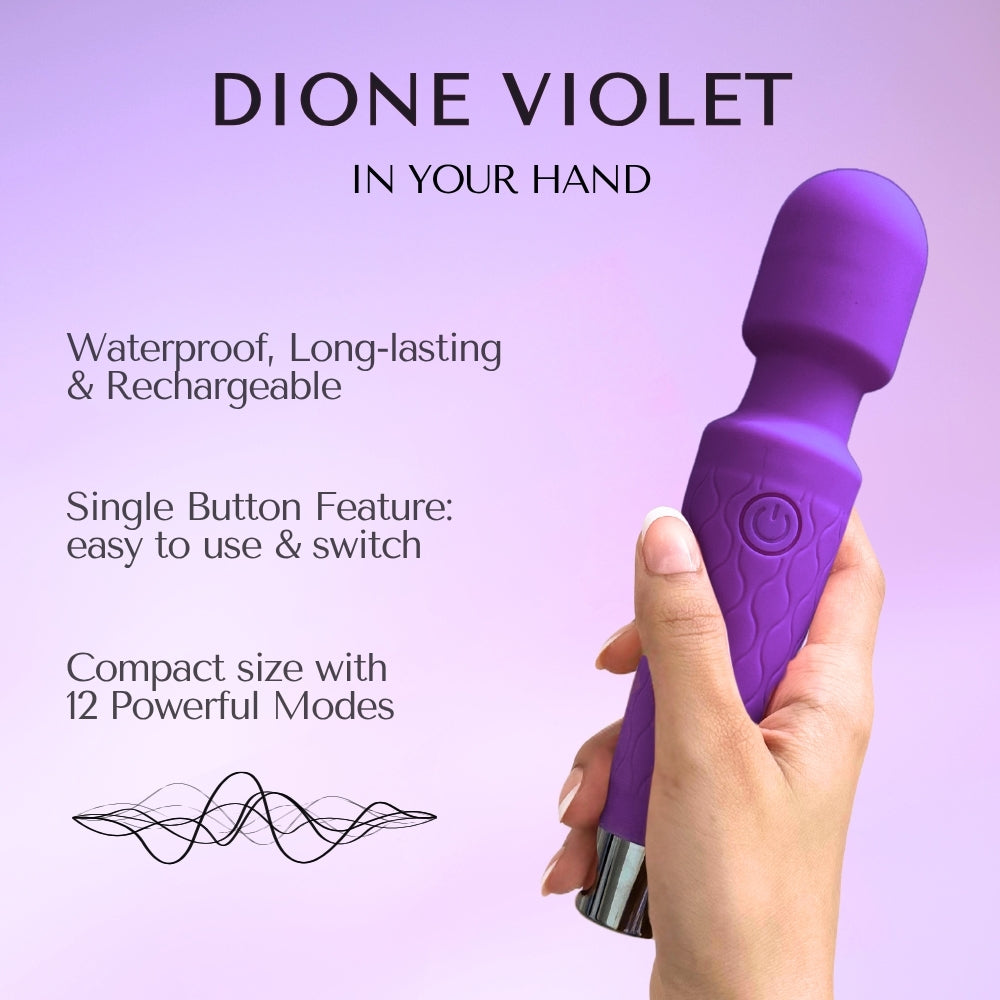 Purple Dione Violet massaging device held in a hand with product features listed on a purple background