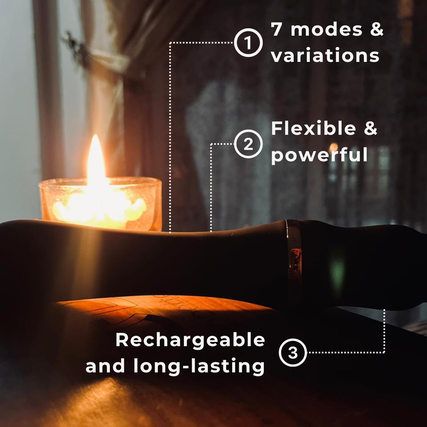 Euporie Noir on a bedside table, blending seamlessly into your personal space, showing the characteristics of this discreet and powerful massager
