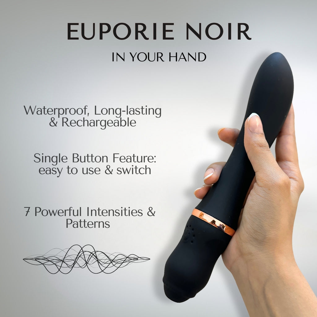 Explanatory infographics showcasing Euporie Noir's main characteristics such as its ease of use and the waterproof feature.