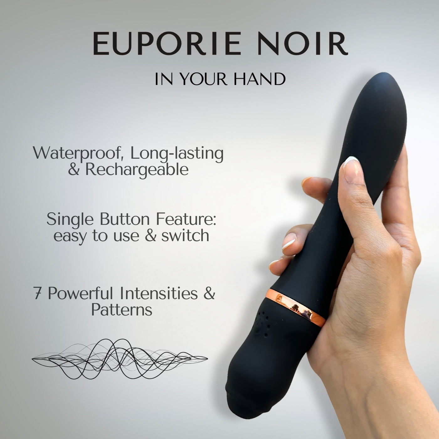 Explanatory infographics showcasing Euporie Noir's main characteristics such as its ease of use and the waterproof feature.