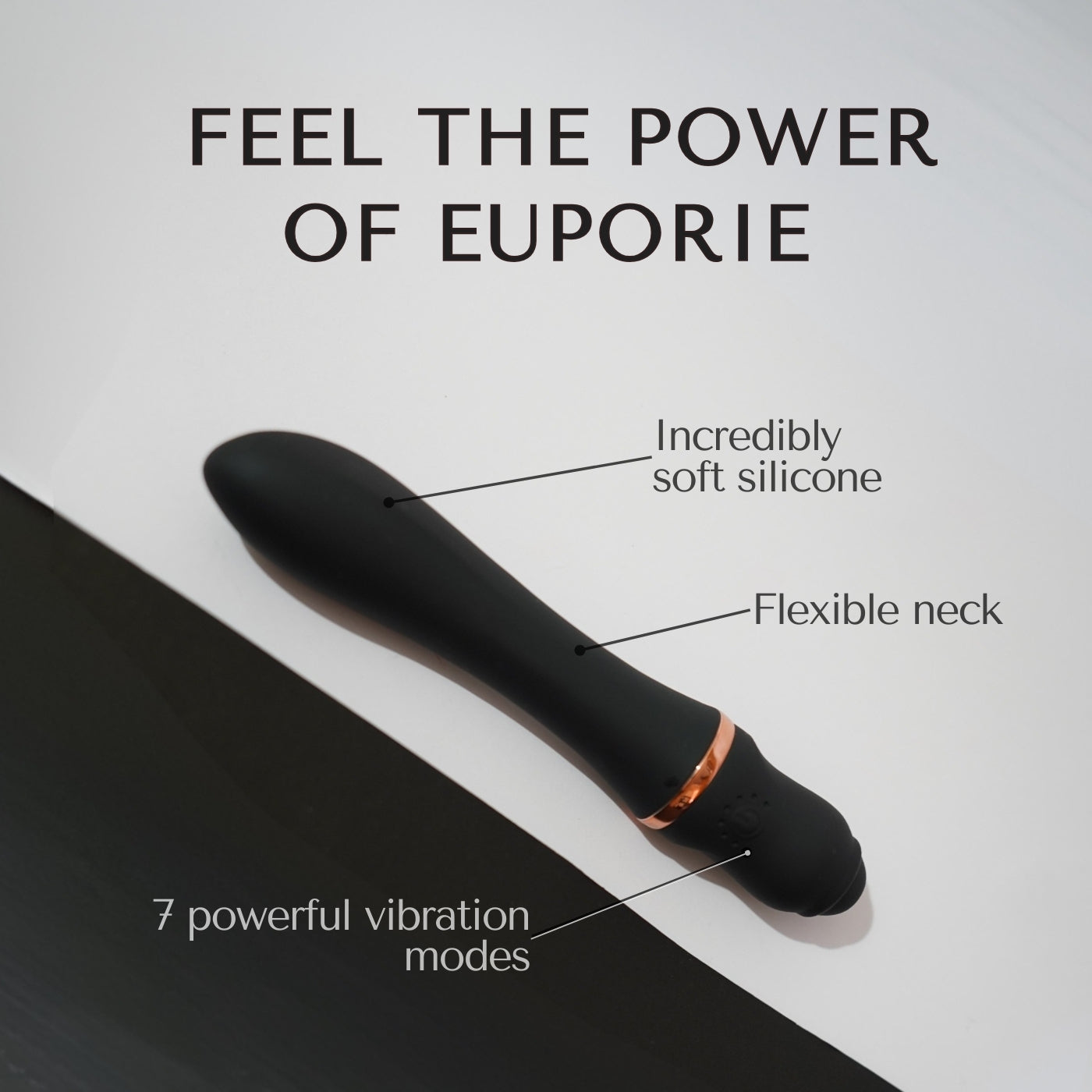 Sleek electric handheld massager by Libertee, Euporie Noir features a flexible neck and is made of incredibly soft silicone. 