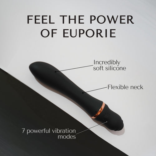 Sleek electric handheld massager by Libertee, Euporie Noir features a flexible neck and is made of incredibly soft silicone. 