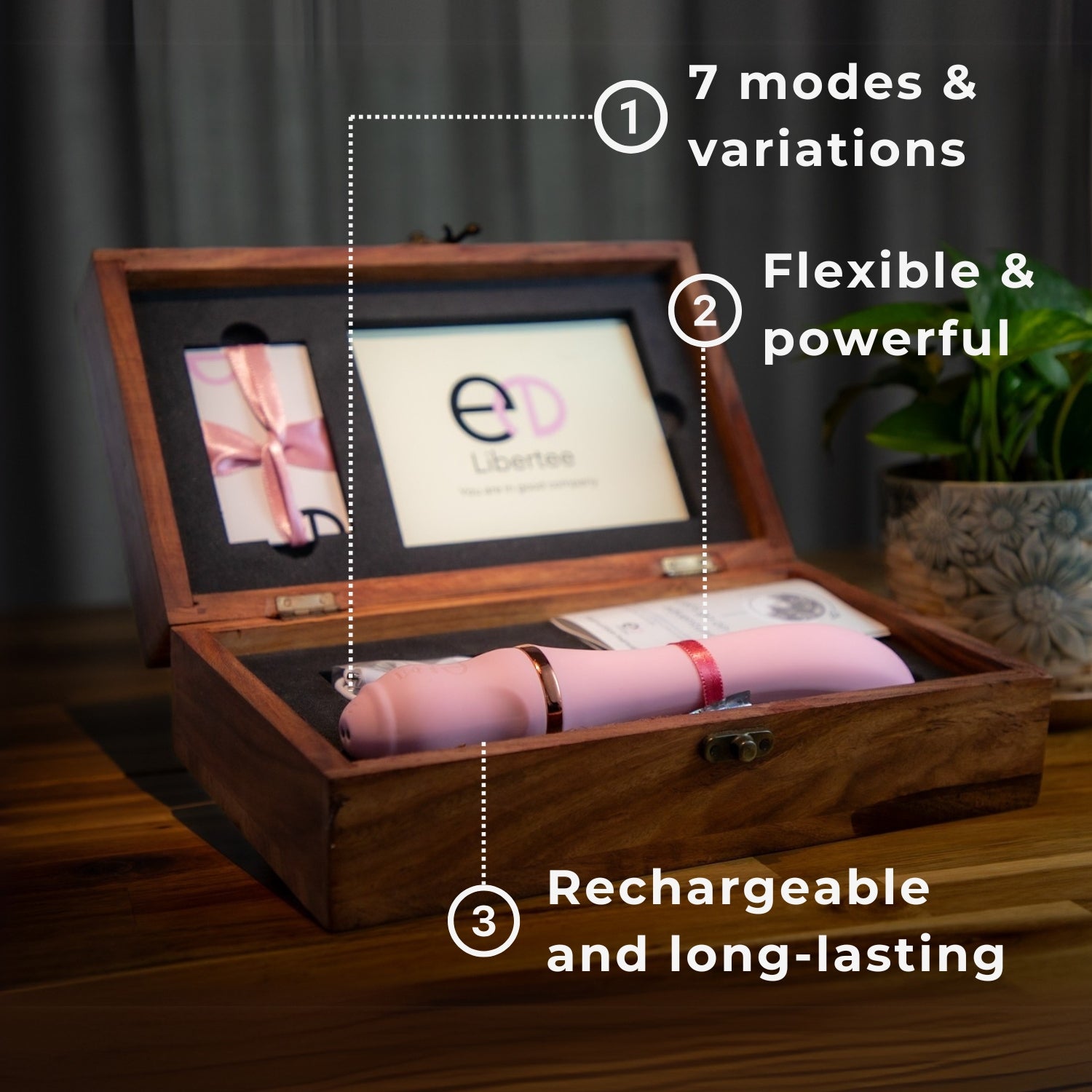 Euporie Rose is a premium massager for women. It is rechargeable, waterproof and 100% body safe. Euporie comes in a sheesham wood box, making it the perfect gift for a woman or a girlfriend. 