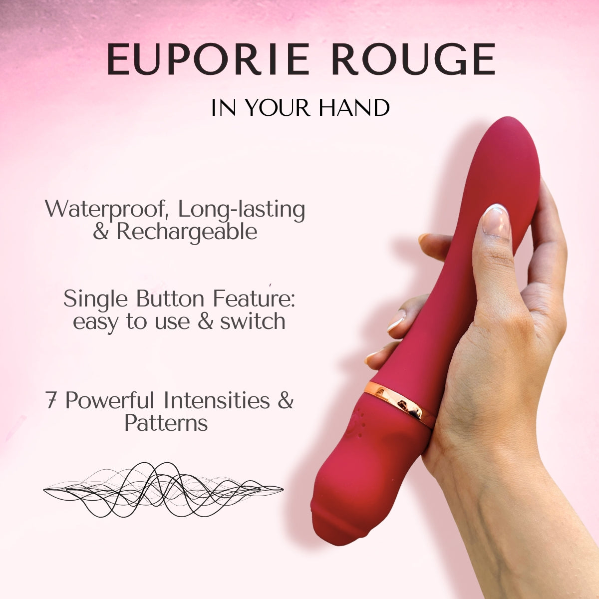 Euporie Rouge is a handheld massager available in India with 7 powerful intensities.