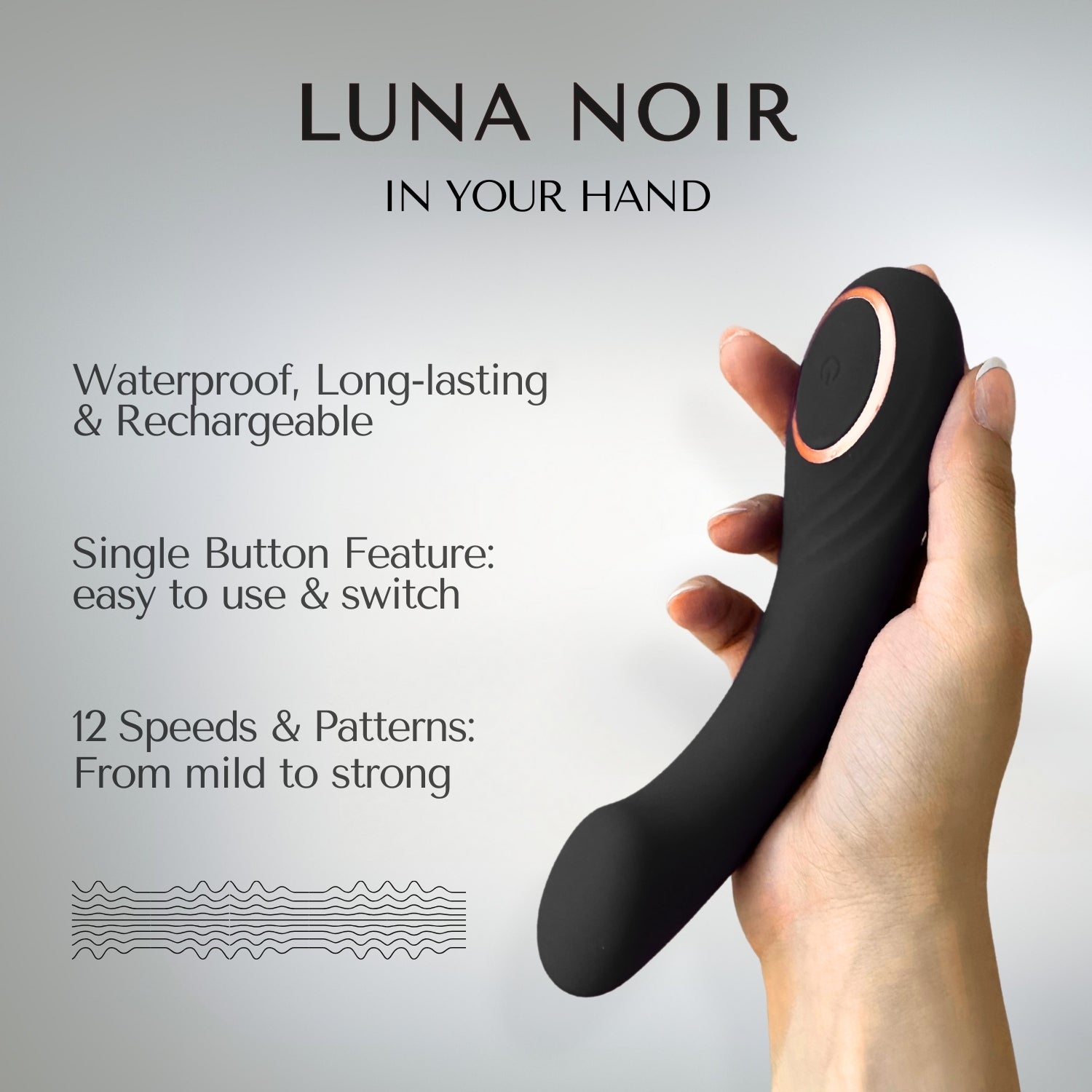 Luna Noir by Libertee is a personal handheld massager that is waterproof, rechargeable and easy to use, with 12 speeds and patterns, from mild to strong vibrations.