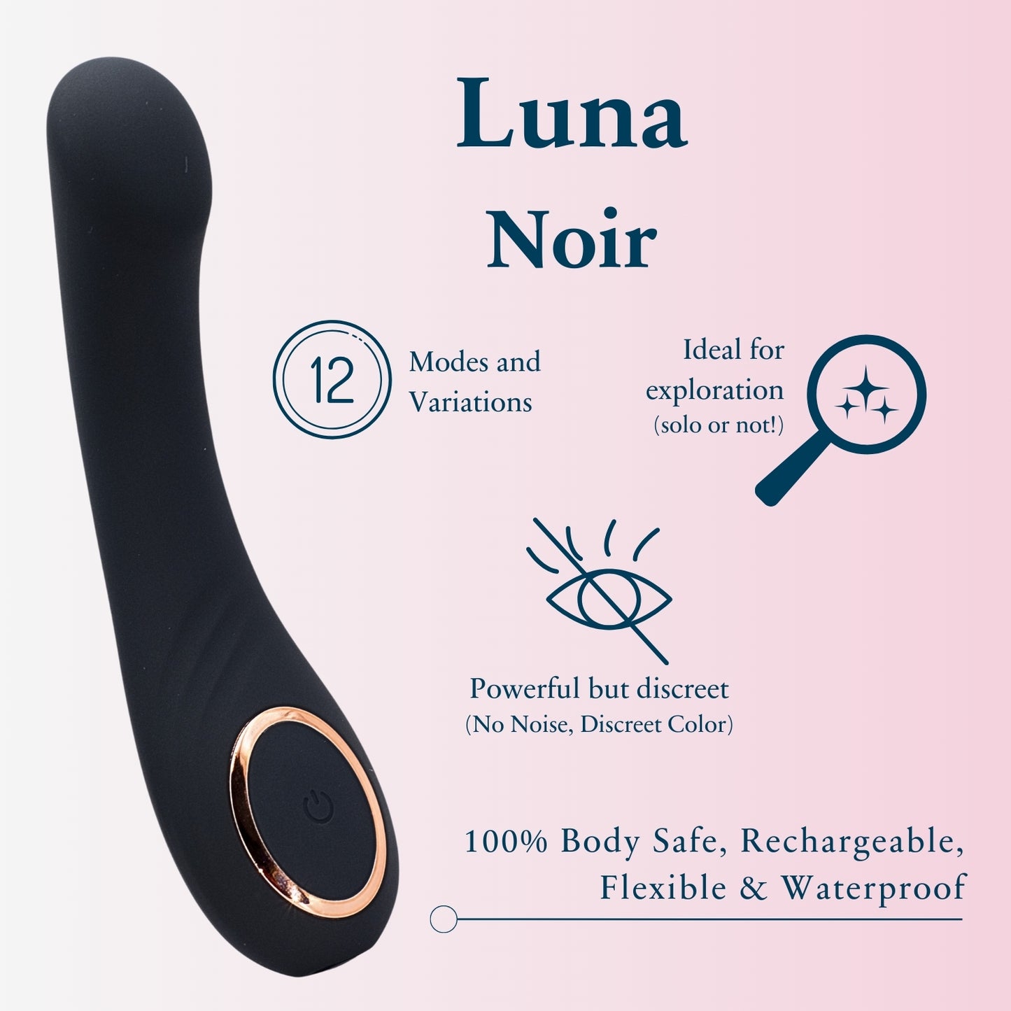 Close-up of Luna Noir's smooth, black silicone body and simple, one-button control.