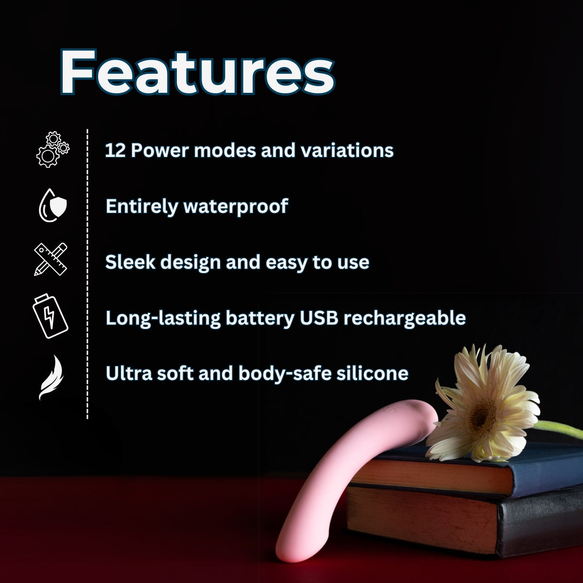 Presenting the features of Luna Rose, India's favorite massagers for women looking for a discreet and elegant option. Luna is waterproof, easy to use, rechargeable and ultra soft. Luna has 12 variations, ranging from soft to medium strength, making it a preferred choice for body massagers. 