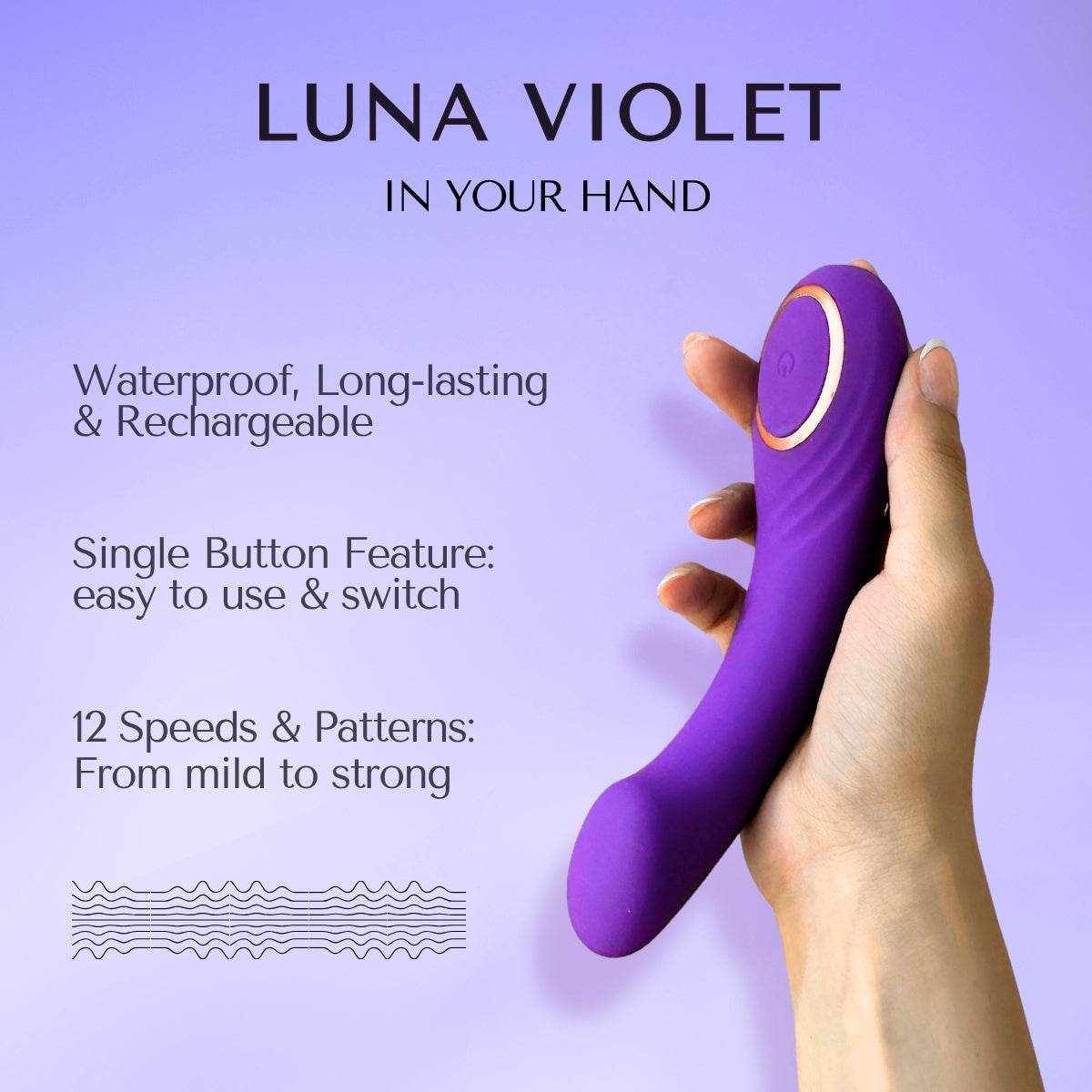 Luna Violet is a handheld massager for women that is waterproof and rechargeable with 12 speeds from mild to strong vibrations.