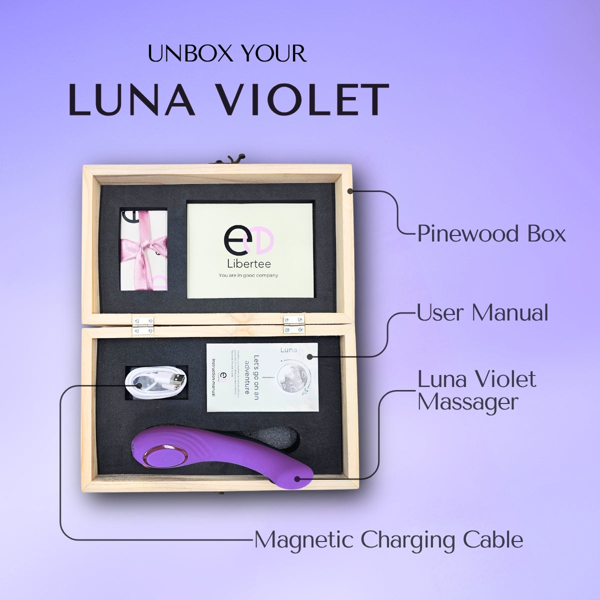 Luna Violet is a personal massager for her that comes in a premium wood box made in India.