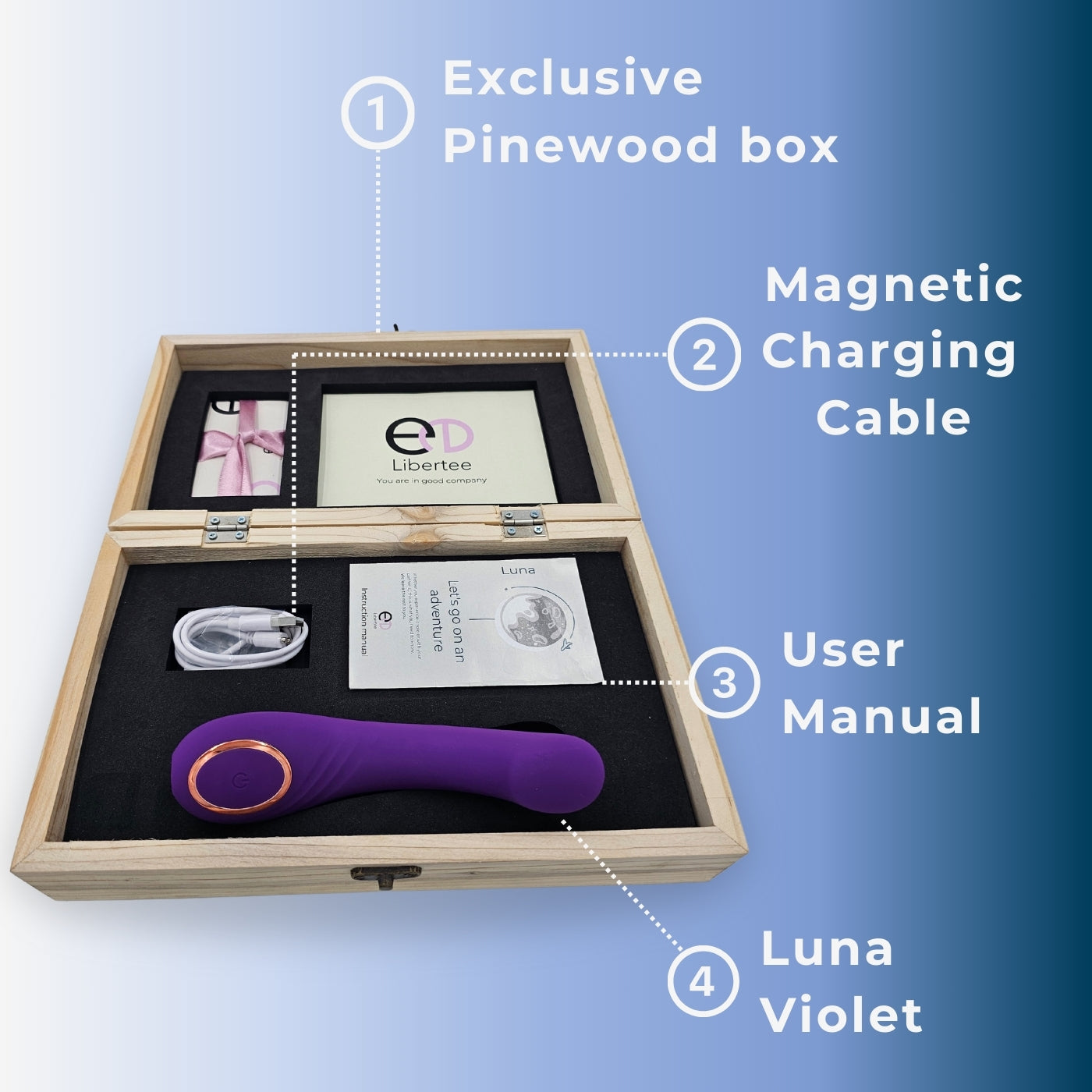 Luna Violet is a premium massager that comes with its premium pinewood box. Luna Violet is a rechargeable massager. 
