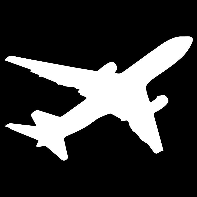 White airplane silhouette on a black background to emphasize on the fact that Dione by Libertee is a massager that can be carried in a flight. 